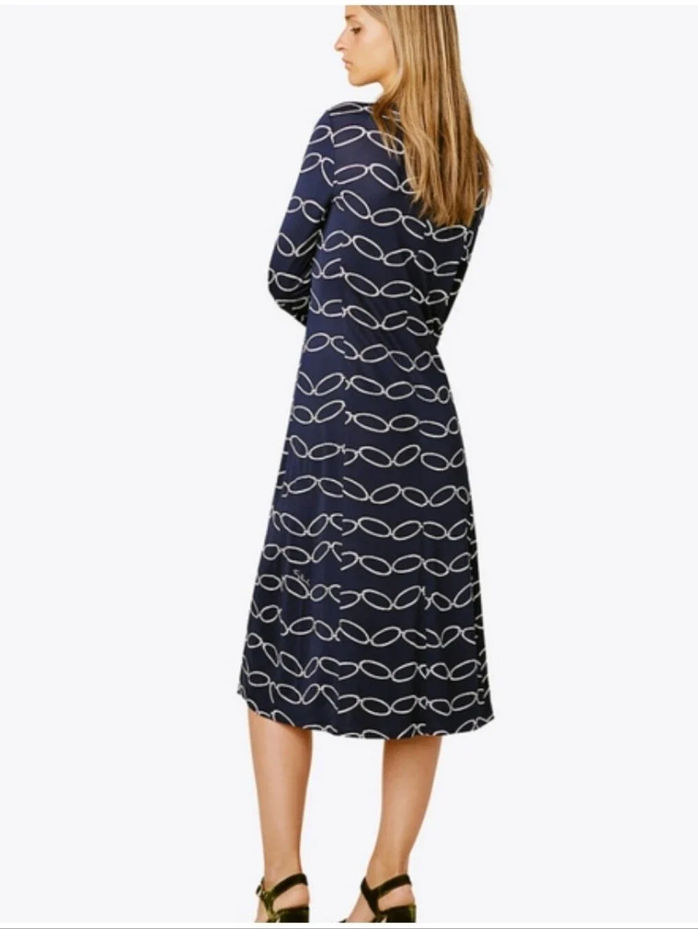 Tory Burch Giovanna Navy Cream Elliptical Link Dress Long Midi Stretch Silk S